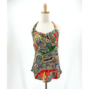 VTG Y2K J Crew 100% Silk Babydoll Halter Top Size 4 Paisley Old Money Boho Chic